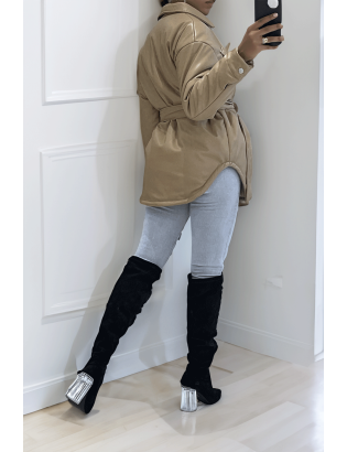 Manteau taupe mi long asymétrique simili cuir avec ceinture à la taille - 2