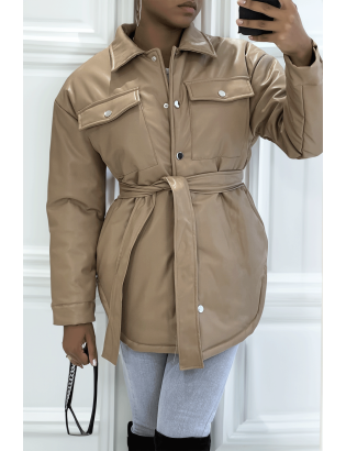 Manteau taupe mi long asymétrique simili cuir avec ceinture à la taille - 3