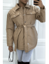 Manteau taupe mi long asymétrique simili cuir avec ceinture à la taille - 3