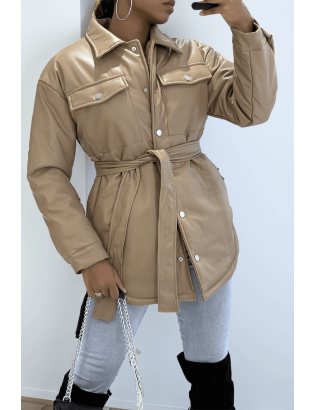Manteau taupe mi long asymétrique simili cuir avec ceinture à la taille - 4
