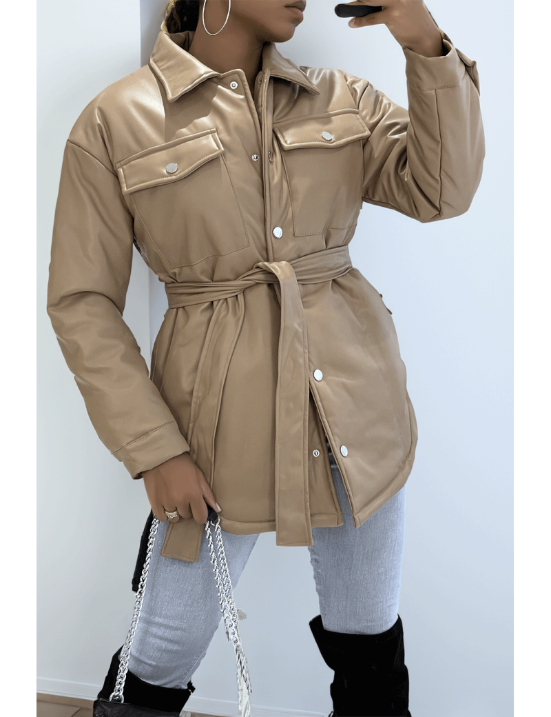 Manteau taupe mi long asymétrique simili cuir avec ceinture à la taille - 4