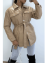 Manteau taupe mi long asymétrique simili cuir avec ceinture à la taille - 4