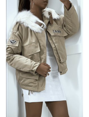 Manteau aviateur taupe à intérieur en fausse fourrure très doux et écriture Army - 3