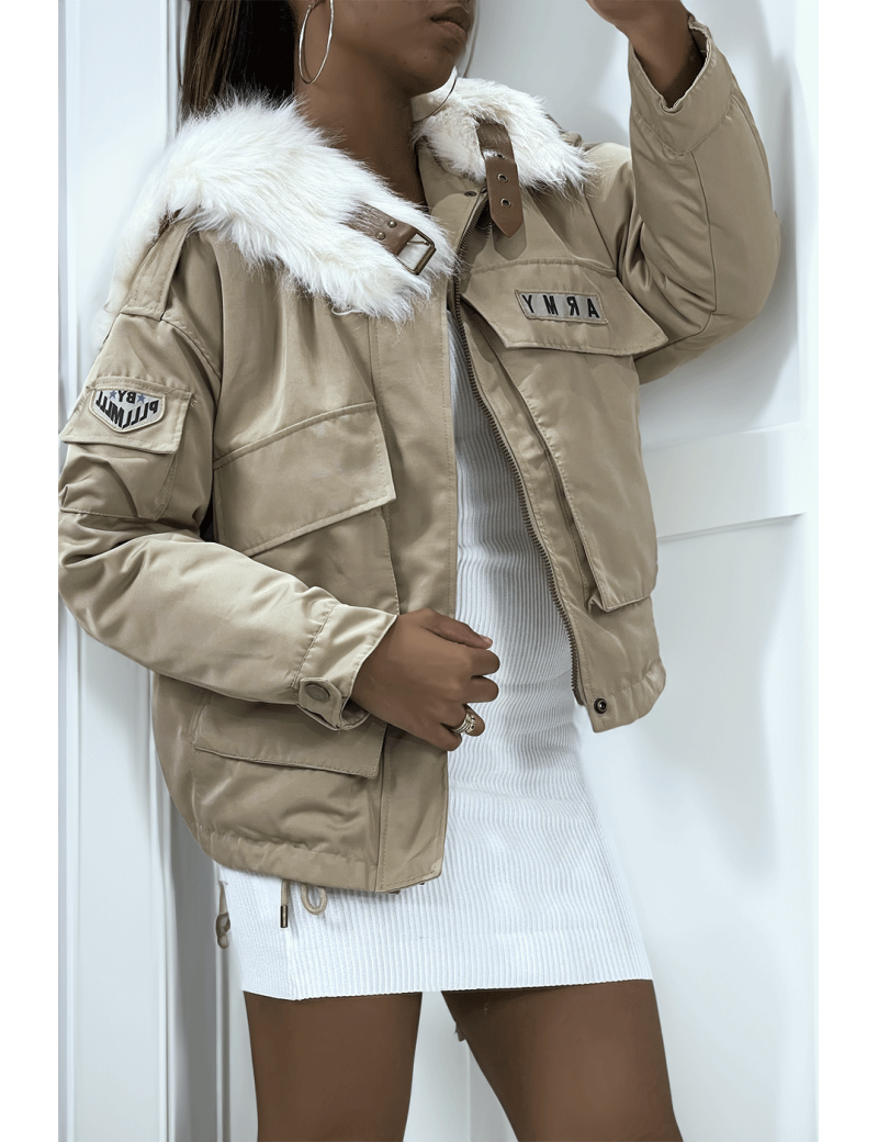 Manteau aviateur taupe à intérieur en fausse fourrure très doux et écriture Army - 3