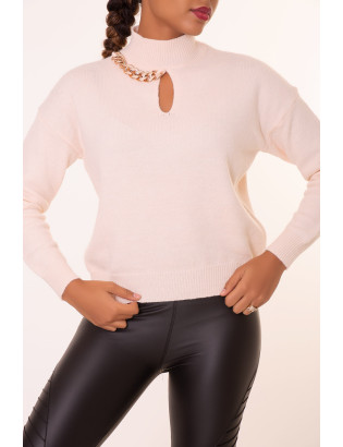 Pull col montant beige à chaine sur le col - 1