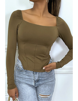 T-shirt manches longues taupe à style corsé à col carré - 2