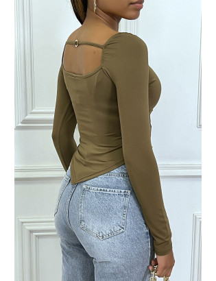 T-shirt manches longues taupe à style corsé à col carré - 3