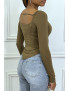 T-shirt manches longues taupe à style corsé à col carré - 3