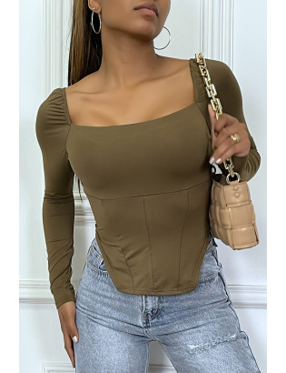 T-shirt manches longues taupe à style corsé à col carré - 4