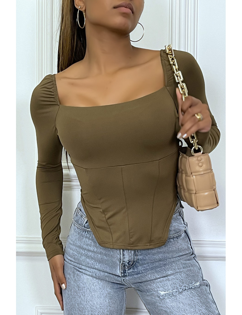 T-shirt manches longues taupe à style corsé à col carré - 4