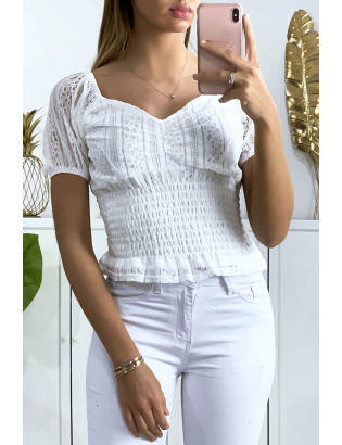 Crop top en dentelle blanc avec élastique à la taille - 2