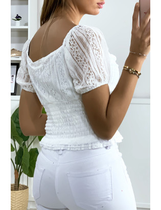 Crop top en dentelle blanc avec élastique à la taille - 4