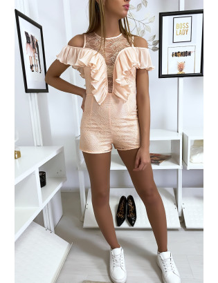 Combi-short en dentelle rose avec de jolis volant plissé - 4