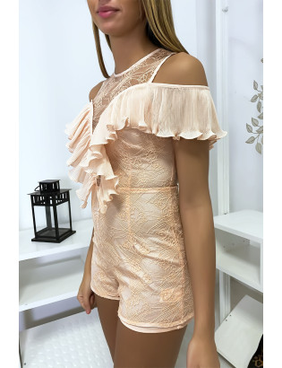 Combi-short en dentelle rose avec de jolis volant plissé - 8
