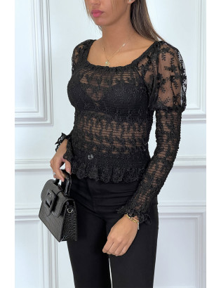 Haut noir en dentelle avec épaules bouffante et élastique - 2
