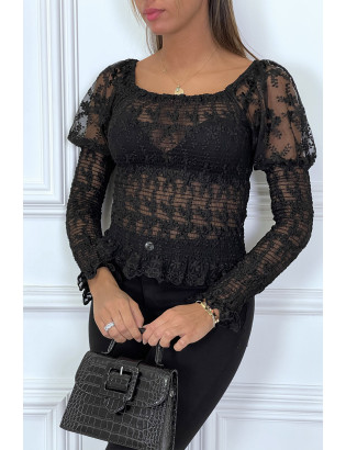 Haut noir en dentelle avec épaules bouffante et élastique - 3