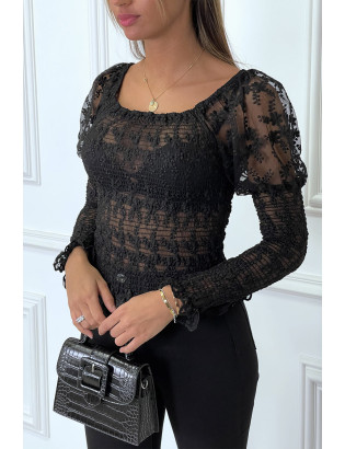 Haut noir en dentelle avec épaules bouffante et élastique - 5