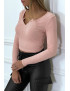 Crop top rose poudré côtelé à col v à pression fantaisie - 4