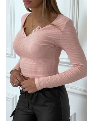Crop top rose poudré côtelé à col v à pression fantaisie - 5