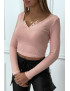 Crop top rose poudré côtelé à col v à pression fantaisie - 6