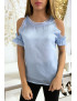 Haut turquoise en crêpe doublé avec épaules dénudés - 1