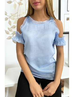 Haut turquoise en crêpe doublé avec épaules dénudés - 2