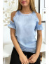 Haut turquoise en crêpe doublé avec épaules dénudés - 2