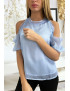 Haut turquoise en crêpe doublé avec épaules dénudés - 4