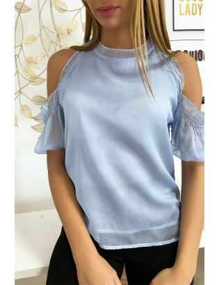 Haut turquoise en crêpe doublé avec épaules dénudés - 5
