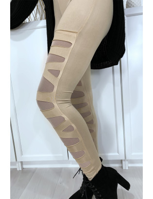 Legging beige avec joli motif coupé et doublé en résille - 4