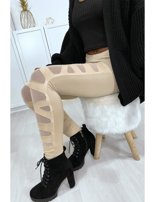 Legging beige avec joli motif coupé et doublé en résille - 7