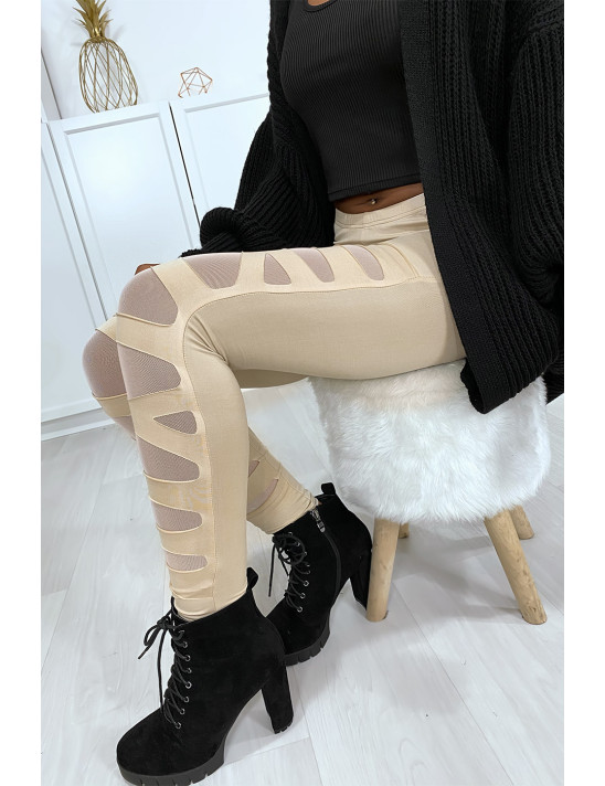Legging beige avec joli motif coupé et doublé en résille - 7