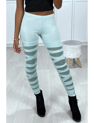 Legging vert d'eau avec joli motif coupé et doublé en résille - 7