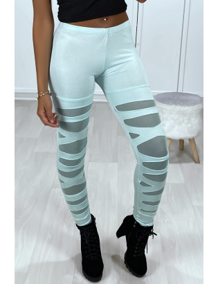 Legging vert d'eau avec joli motif coupé et doublé en résille - 8