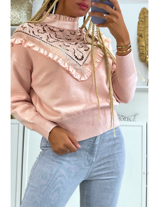 Pull très chic rose poudré à manches longues et col montant ajouré - 6