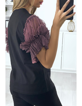 T-shirt noir avec manches en tulle lila - 5