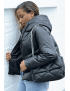 Doudoune noire simili cuir à fermeture éclair noir et argent capuche et lacets au niveau du col - 3