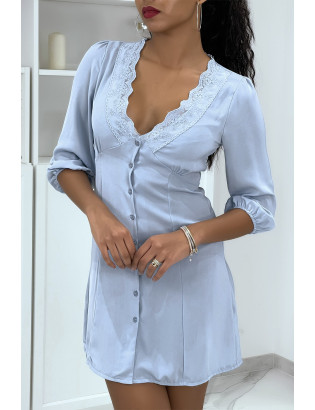 Robe d'été bleue boutonné avec dentelle - 5