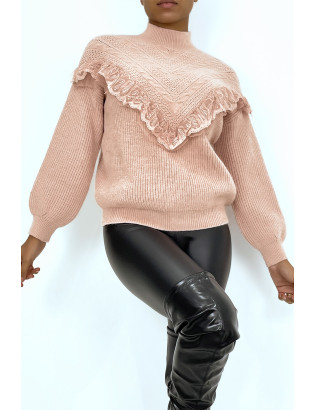 Pull taupe à motif V et détails volants - 5