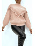 Pull taupe à motif V et détails volants - 5