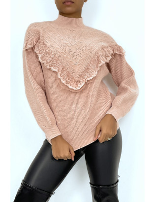 Pull taupe à motif V et détails volants - 6