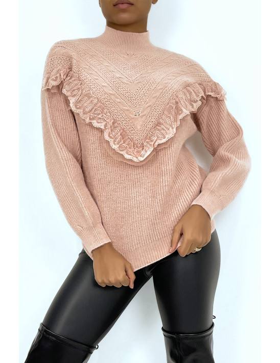 Pull taupe à motif V et détails volants - 6