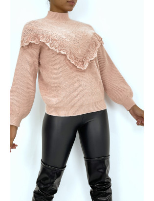Pull taupe à motif V et détails volants - 7