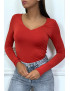 T-shirt moulant rouge à manches longues et à col v - 1
