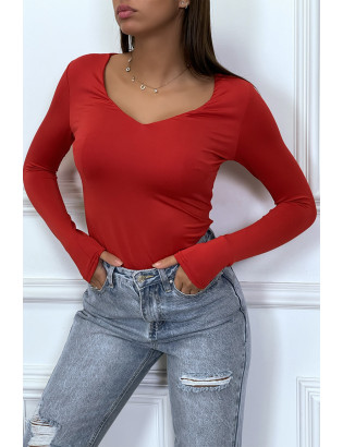 T-shirt moulant rouge à manches longues et à col v - 3