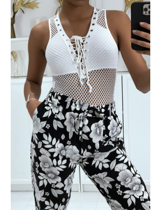 Pantalon fluide gris à motif floral B-60 - 1