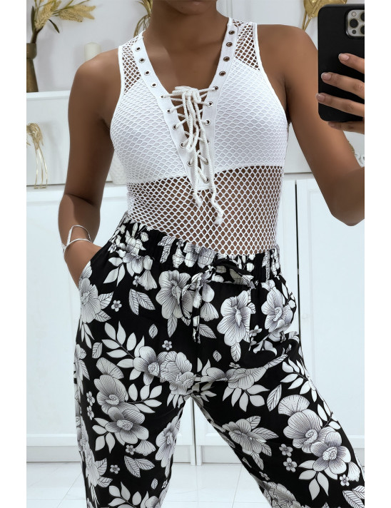 Pantalon fluide gris à motif floral B-60 - 1