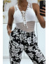 Pantalon fluide gris à motif floral B-60 - 1