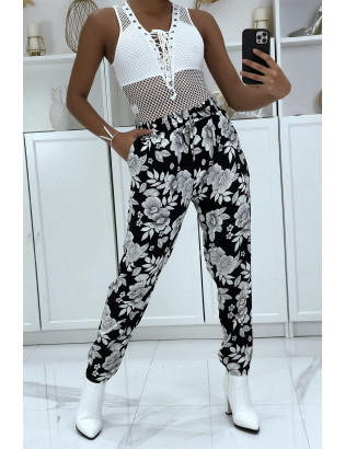 Pantalon fluide noire à motif floral B-60 - 3