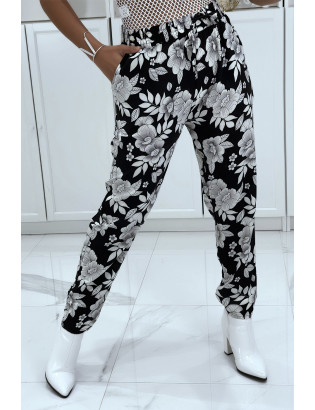 Pantalon fluide noire à motif floral B-60 - 4